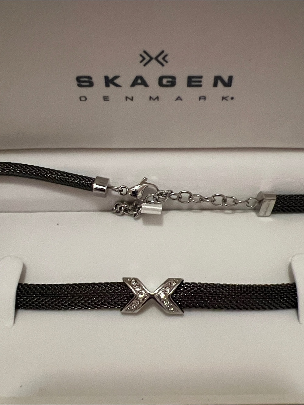 Women’s Skagen Black Mesh Necklace with Crystal X Charm